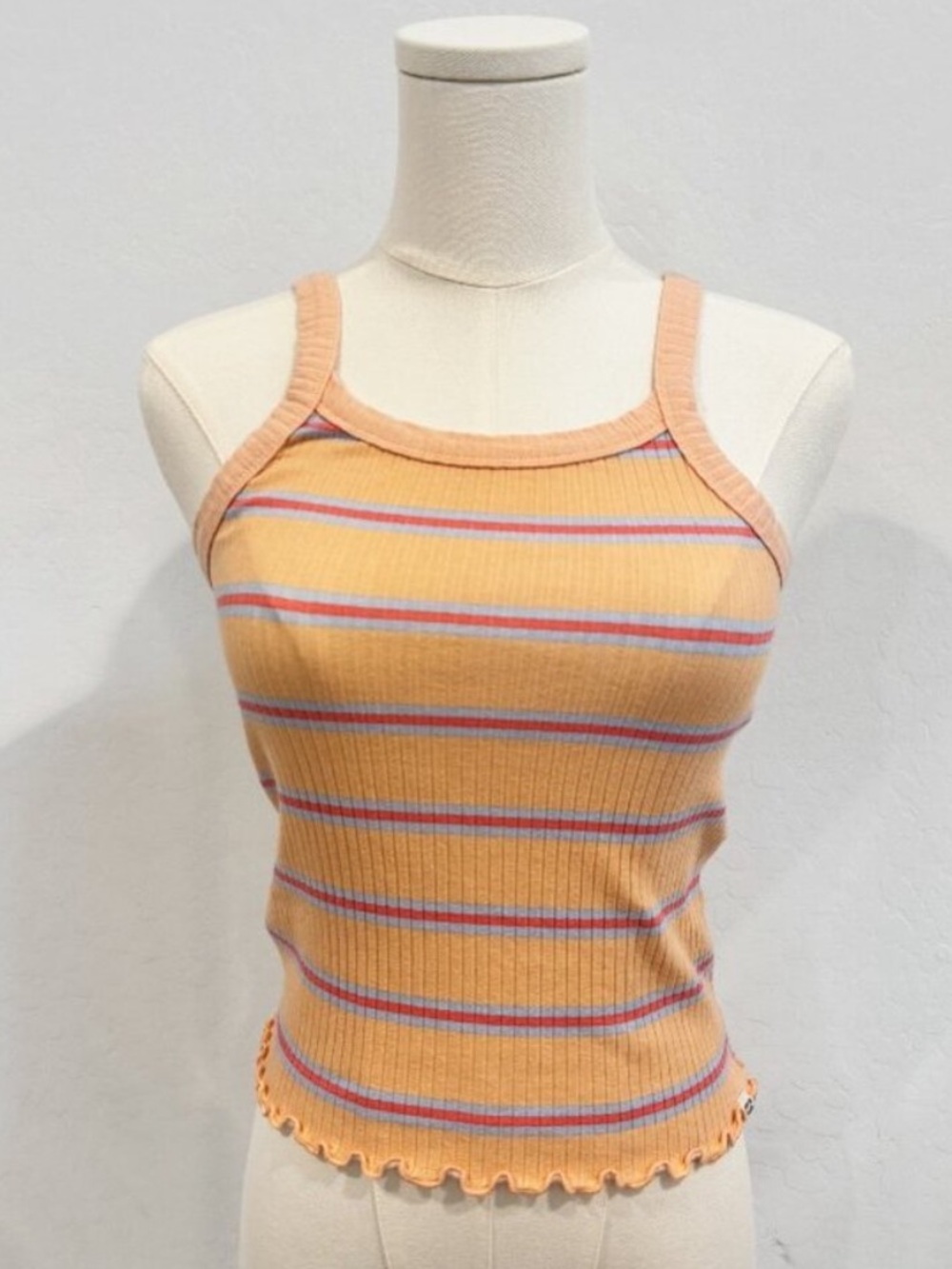 Billabong Tank Top Size Large Apricot Orange Striped Ribbed Lettuce Trim Soft